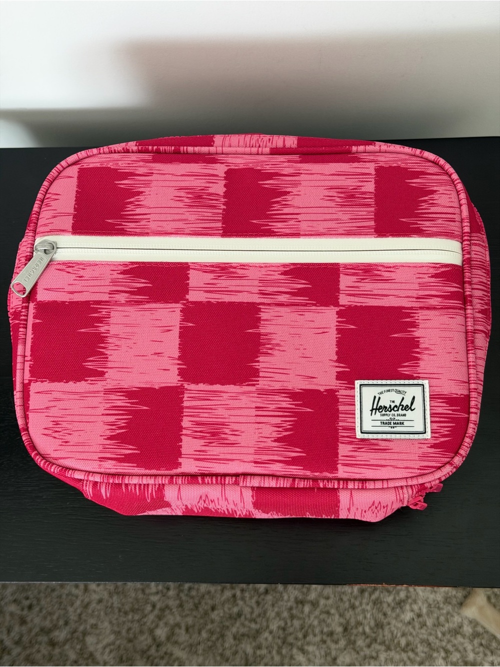 Herschel Pop Quiz Lunch Box in the Check Yourself Raspberry pattern